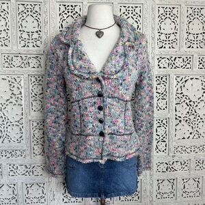 Vtg Nine‎ West Rainbow Colorful Speckled Wool Blend Collared Button Up Cardigan